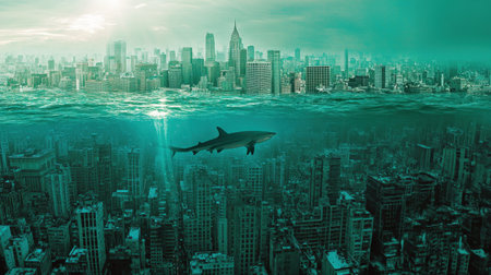 This stunning image captures a shark swimming above a submerged city, blending marine life with urban landscapes in a surreal and thought-provoking way.の素材