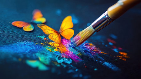 A close-up view of colorful butterflies resting alongside a paintbrush on a canvas, showcasing vibrant hues and an inviting artistic atmosphere.の素材