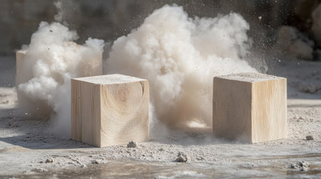 A captivating image showcasing the dramatic moment of dust clouds erupting from wooden blocks. This photograph embodies action in a construction setting.の素材
