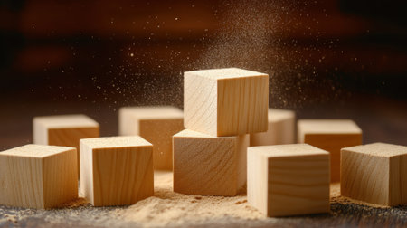 A collection of wooden blocks surrounded by fine sawdust creates an intimate and artistic scene, captured in warm, natural light.の素材