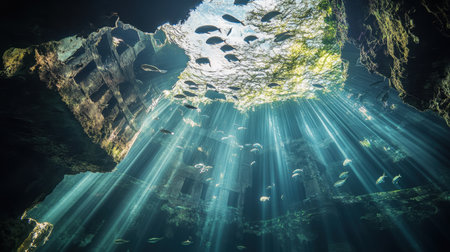 This captivating underwater scene features beams of sunlight penetrating the ocean's surface, illuminating a historic shipwreck filled with vibrant fish.の素材