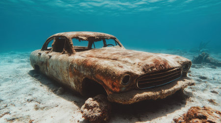 This captivating underwater image features an abandoned vintage car, resting on the ocean floor surrounded by coral growth. The clear blue water enhances the eerie yet beautiful scene, showcasing marine life and the effects of time on man-made structures.の素材