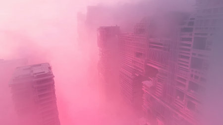 A mesmerizing cityscape enveloped in soft pink fog creates a surreal atmosphere. The iconic buildings fade into the ethereal haze, inviting tranquility.の素材