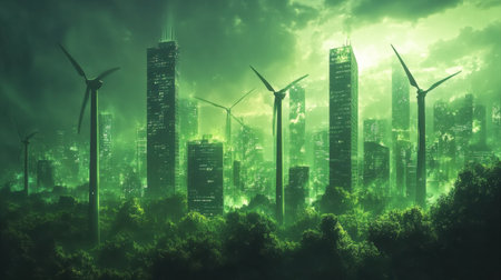 Explore a stunning depiction of a futuristic city where towering buildings blend with lush green nature and wind turbines, reflecting innovation.の素材