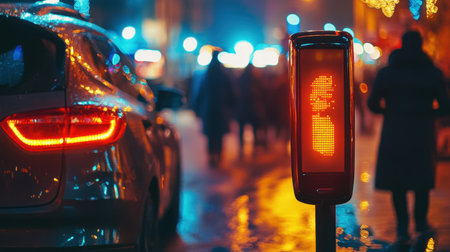 A captivating night scene in an urban setting featuring a glowing red traffic light beside a car, with pedestrians in motion.の素材