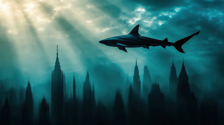 A majestic shark glides effortlessly through murky waters, silhouetted against a foggy city skyline under dramatic skies. This image captures the surreal blend of urban life and marine beauty.の素材