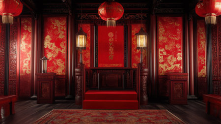 Discover a stunning traditional Asian interior showcasing vibrant red decorations, ornate lanterns, and exquisite wooden furniture, creating a harmonious and elegant ambiance.の素材