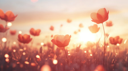 A mesmerizing sunset casts a warm glow over a field of delicate flowers, creating a dreamy and serene atmosphere perfect for nature lovers.の素材