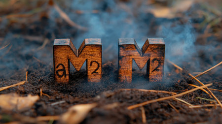 A close-up image of wooden letter blocks featuring an artistic arrangement in soil, surrounded by soft smoke and natural elements, creating a serene atmosphere.の素材