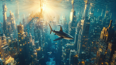 A captivating image of a shark gliding gracefully through a stunning underwater city filled with intricate towers, illuminated by golden sunlight.の素材
