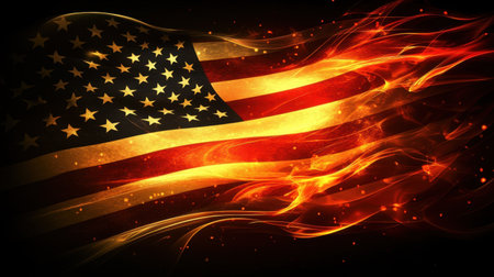 A striking image of the American flag engulfed in flames against a dark background, symbolizing strength, passion, and patriotic spirit.の素材