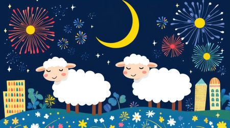 A whimsical illustration featuring two cute sheep peacefully resting under a starry night sky, surrounded by vibrant fireworks and a glowing moon. Ideal for children's decor.の素材