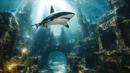 A stunning underwater scene featuring a majestic shark swimming through the remains of a mysterious ancient ruin, illuminated by sunlight.の素材