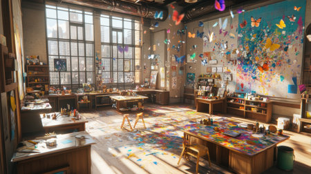 A vibrant art studio brimming with colorful supplies and craft materials, creating an inspiring environment for creativity and artistic expression.の素材