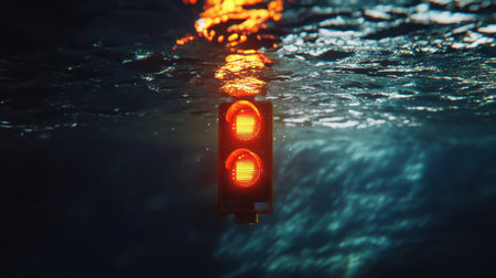 A striking underwater scene showcasing a glowing red traffic light submerged in murky water, creating an intriguing contrast with sunlight reflections.の素材