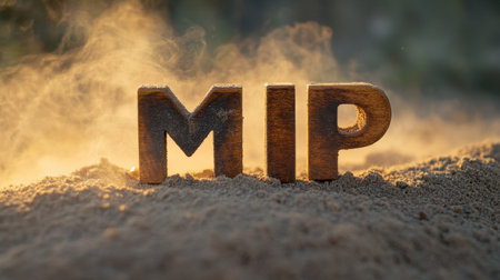 A captivating image of wooden letters spelling MIP nestled in sand, surrounded by soft dust clouds and bathed in warm sunlight, perfect for creative projects.の素材