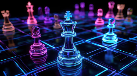 A captivating scene of a neon-lit chessboard featuring glowing pieces. This image captures strategy and competition, ideal for gaming and digital art contexts.の素材