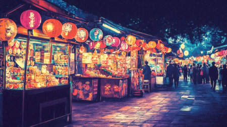 A lively night market filled with colorful lanterns and bustling stalls, showcasing local culture and vibrant energy. An enchanting atmosphere invites exploration.の素材