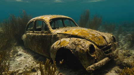 This captivating image showcases a rusting classic car resting on the ocean floor, encrusted with algae and surrounded by vibrant marine life.の素材