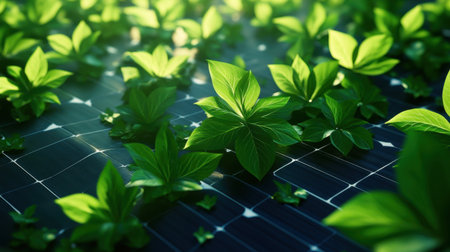 Fresh green leaves thrive on a solar panel, symbolizing the harmonious relationship between nature and renewable energy sources. Perfect for promoting sustainability.の素材