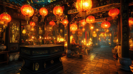 A captivating scene of a traditional Asian market illuminated by vibrant lanterns, showcasing rich colors and inviting atmosphere at night.の素材