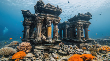Explore the beauty of submerged ancient temples surrounded by colorful coral reefs and thriving marine life. Capture the serenity of this underwater paradise.の素材