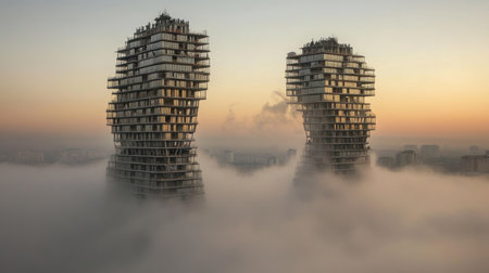 A stunning aerial view featuring unique skyscrapers emerging from fog during sunrise, showcasing the interplay of light, architecture, and nature.の素材