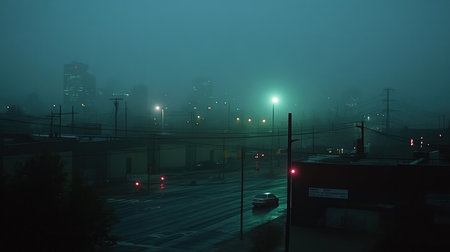 A serene urban nightscape enveloped in fog, showcasing dim city lights and an empty street that evokes a sense of mystery and calm.の素材