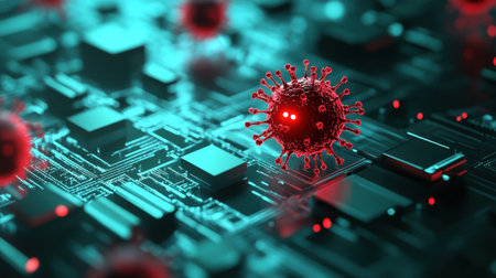 This high-tech digital artwork illustrates a coronavirus model on a complex circuit board, portraying the intersection of health and technology in modern science.の素材