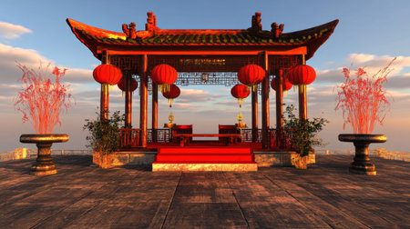 Captivating traditional Asian pavilion stands majestically at sunset. Red lanterns and vibrant decorations create a serene ambiance, ideal for relaxation.の素材
