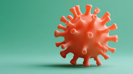 This striking 3D model of a virus showcases its intricate structure against a soft green background. Ideal for educational and medical presentations, it emphasizes the study of disease and prevention strategies while providing a vivid visual aid for understanding pathogens.の素材