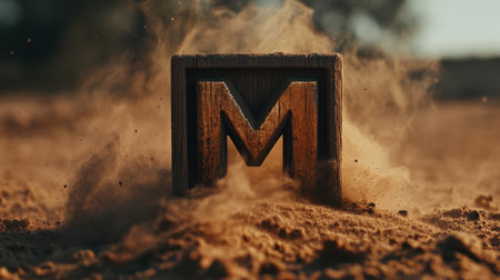This captivating image showcases a rustic wooden block featuring the letter M, surrounded by soft dusty particles, evoking creativity and warmth.の素材