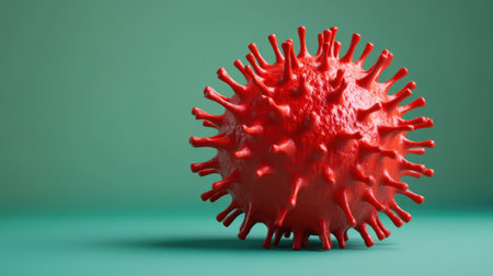This striking 3D render depicts a bright red virus model set against a soft green background, illustrating key biological features for educational purposes.の素材