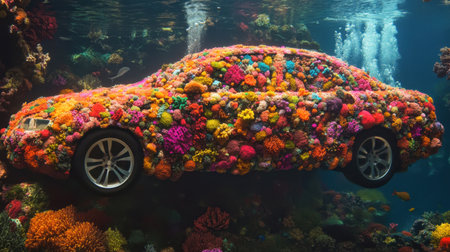 This striking image portrays a car submerged underwater, covered in a blanket of bright coral and flowers, merging nature and technology.の素材
