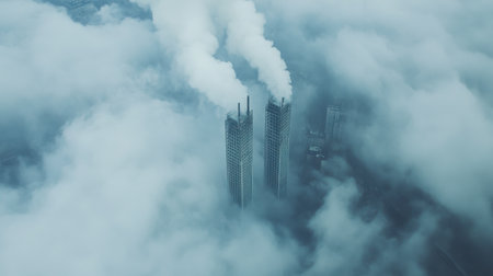This aerial image captures two industrial towers releasing smoke into a thick layer of fog, emphasizing the contrast between urban development and natural elements.の素材