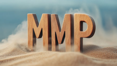 A captivating close-up of wooden letters MMP rising from fine sand, surrounded by a gentle fog, creating a tranquil and artistic scene ideal for inspiration.の素材