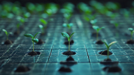 This image showcases young green seedlings thriving in trays within a controlled nursery setting, emphasizing growth, potential, and nurturing elements.の素材