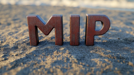 The image features wooden letters M I P prominently displayed on a sandy beach, showcasing a tranquil outdoor setting perfect for artistic projects.の素材