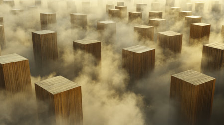 This captivating aerial view showcases wooden cubes rising from a thick mist, creating a dreamlike atmosphere. The soft lighting enhances the surreal landscape.の素材