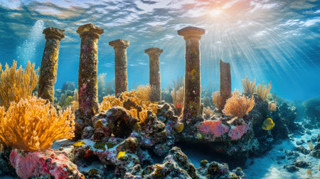Mesmerizing underwater scene showcasing ancient ruins immersed in a vibrant coral reef. Bright sunlight filters through the water, illuminating the site.の素材