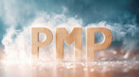 This image showcases wooden letters forming 'PMP' set against a misty background with soft lighting, creating an artistic and inspirational atmosphere.の素材