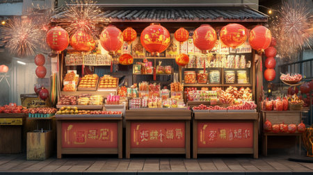 A lively Asian market stall illuminated by glowing lanterns, offering an array of snacks and festive decorations that evoke cultural celebration.の素材