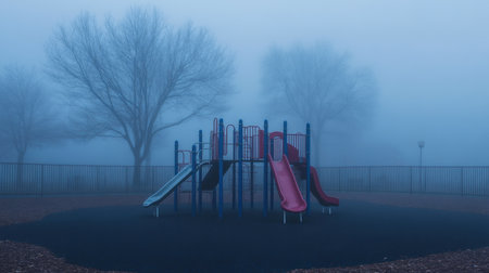 A tranquil scene of an empty playground enveloped in thick fog. The bright red and blue slides stand out, creating a striking contrast against the muted background.の素材
