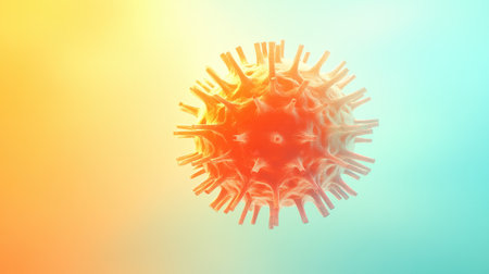This colorful abstract representation of a virus highlights its intricate structure against a vibrant gradient background, perfect for educational and scientific use.の素材