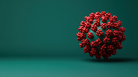 This image showcases a vivid abstract representation of a virus depicted with red spikes on a soothing teal background, symbolizing the complexity of infections.の素材
