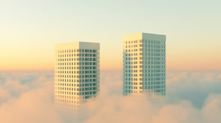 Two tall modern skyscrapers rise above a blanket of soft clouds during sunrise, creating a tranquil and inspiring atmosphere in the cityscape.の素材