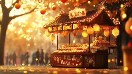 A vibrant food stall adorned with hanging lanterns captures the essence of a lively festival. Located in a park during sunset, this scene offers a warm atmosphere filled with colorful treats and joyful gatherings.の素材