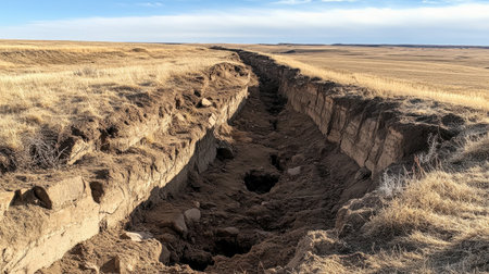 A striking view of a deep erosion landform showcasing cracked earth and dry soil in a serene prairie environment under a clear blue sky.の素材