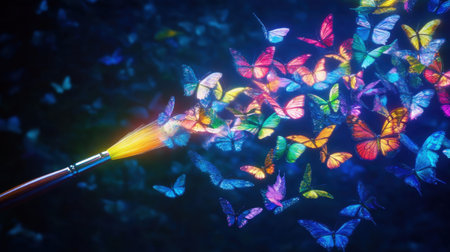 A stunning paintbrush releases a magical burst of colorful butterflies, creating a vibrant and mesmerizing display of natureの素材