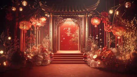 Immerse in the tranquility of an ornate Chinese temple entrance adorned with red lanterns and vibrant decorations, perfect for festive celebrations.の素材